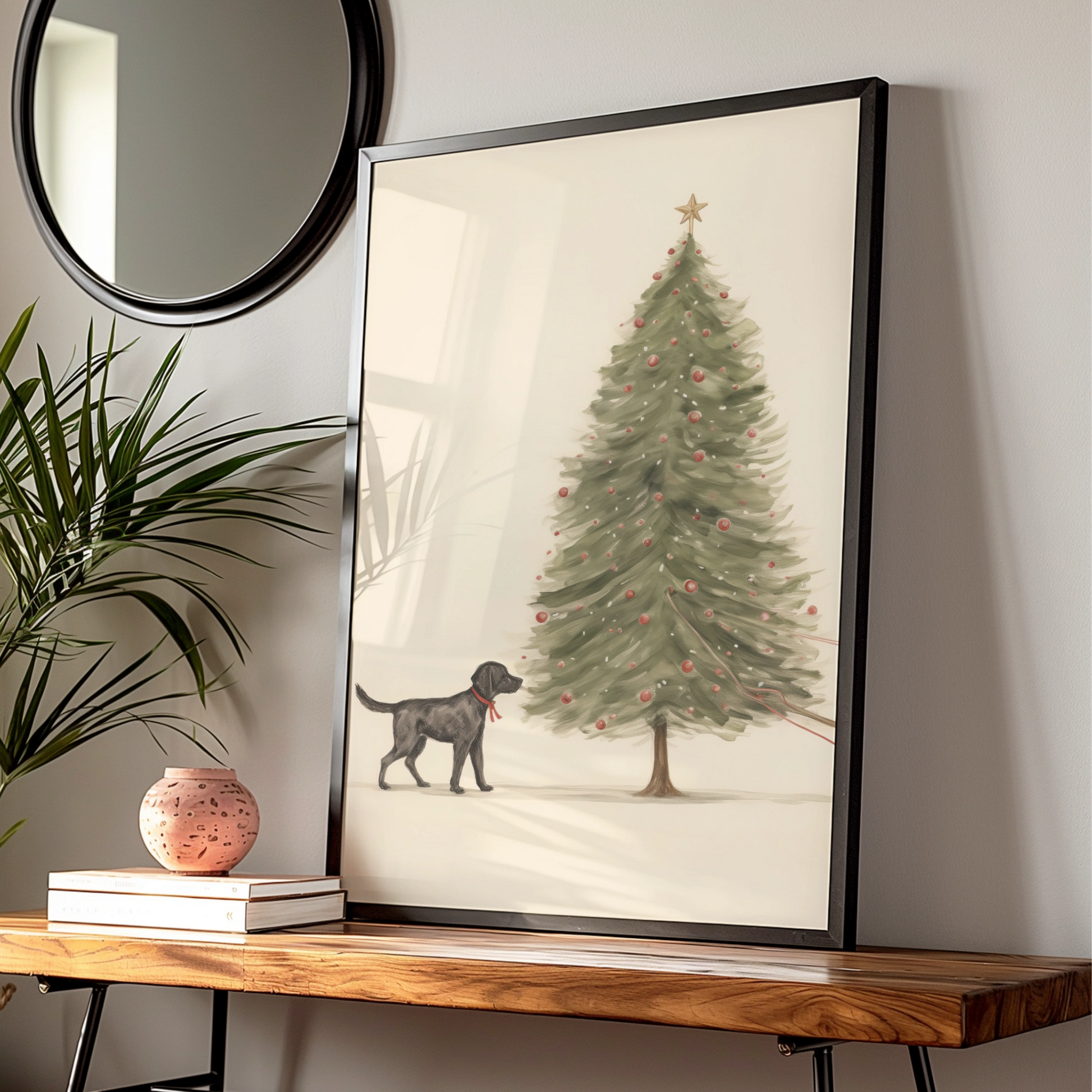 Black Labrador Christmas Poster, Dog Christmas Tree Wall Art, Festive Dog Print