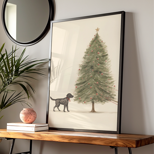 Black Labrador Christmas Poster, Dog Christmas Tree Wall Art, Festive Dog Print