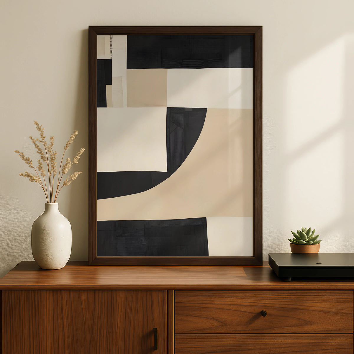 Modern Monochrome Abstract Print, Black Cream Geometric Wall Art, Minimalist Poster