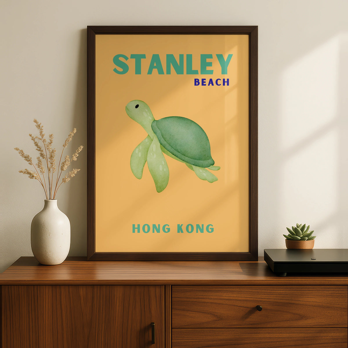 Stanley Beach Hong Kong Travel Poster, Sea Turtle Wall Art, Retro Coastal Print