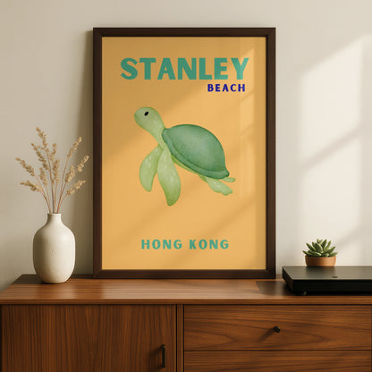 Stanley Beach Hong Kong Travel Poster, Sea Turtle Wall Art, Retro Coastal Print