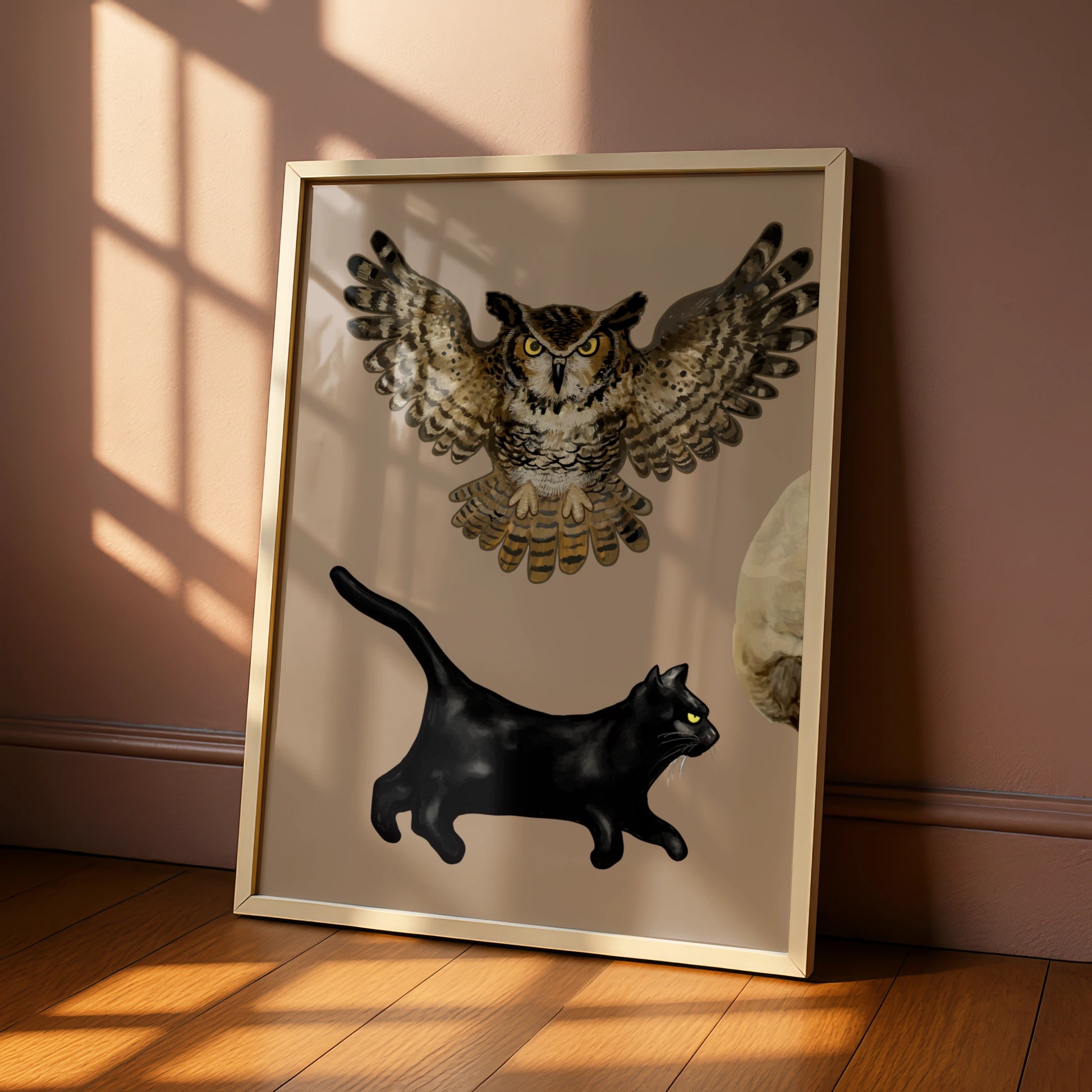 Halloween Owl Black Cat Poster, Spooky Moon Wall Art, Witch Familiar Print, Gothic Home Decor