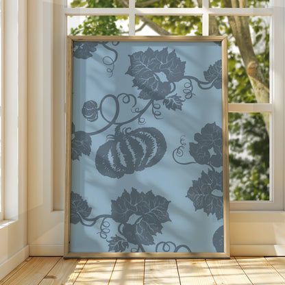 Halloween Pumpkin Vine Wall Art, Blue Grey Botanical Poster, Spooky Autumn Decor Print