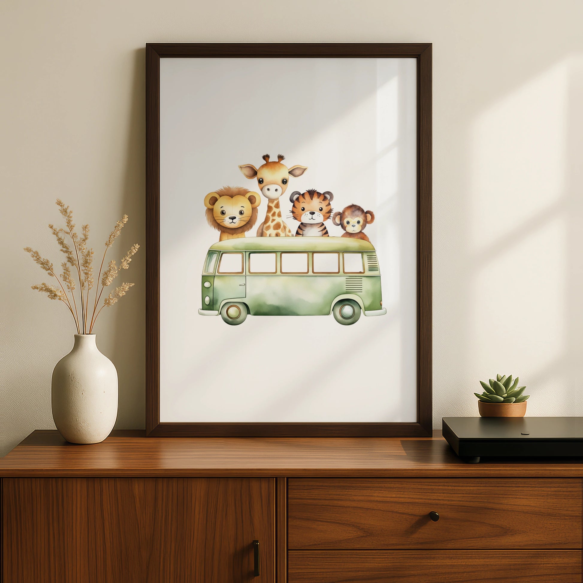Safari Animals Nursery Wall Art, Cute Bus Print, Lion Giraffe Tiger Monkey Poster