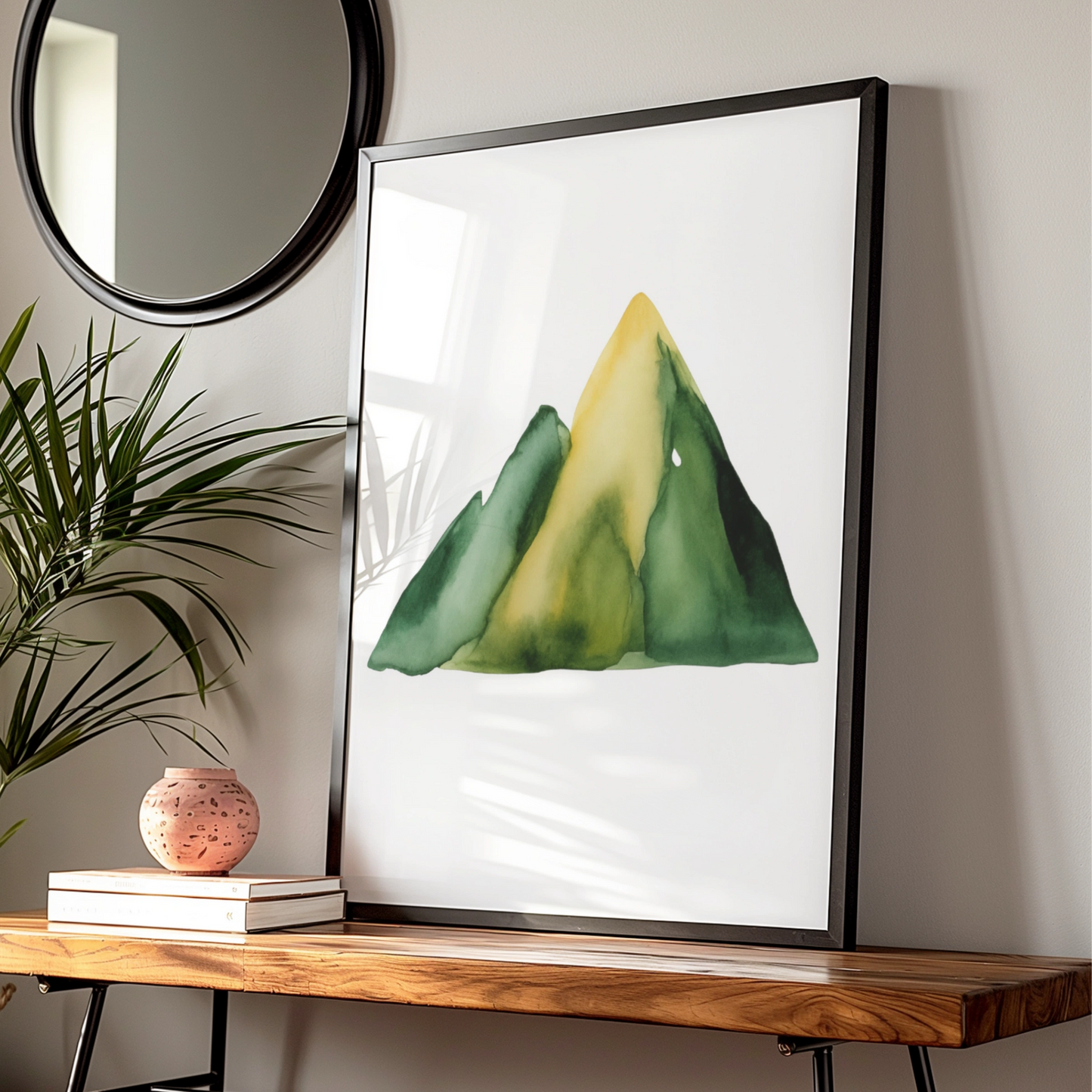 Watercolour Mountain Nursery Wall Art, Green Yellow Nature Print, Kids Room Poster