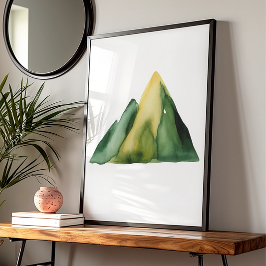Watercolour Mountain Nursery Wall Art, Green Yellow Nature Print, Kids Room Poster