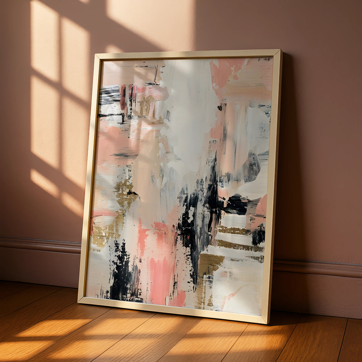 Abstract Monochrome Wall Art, Pink Black Gold Brushstroke Print, Modern Gallery Poster