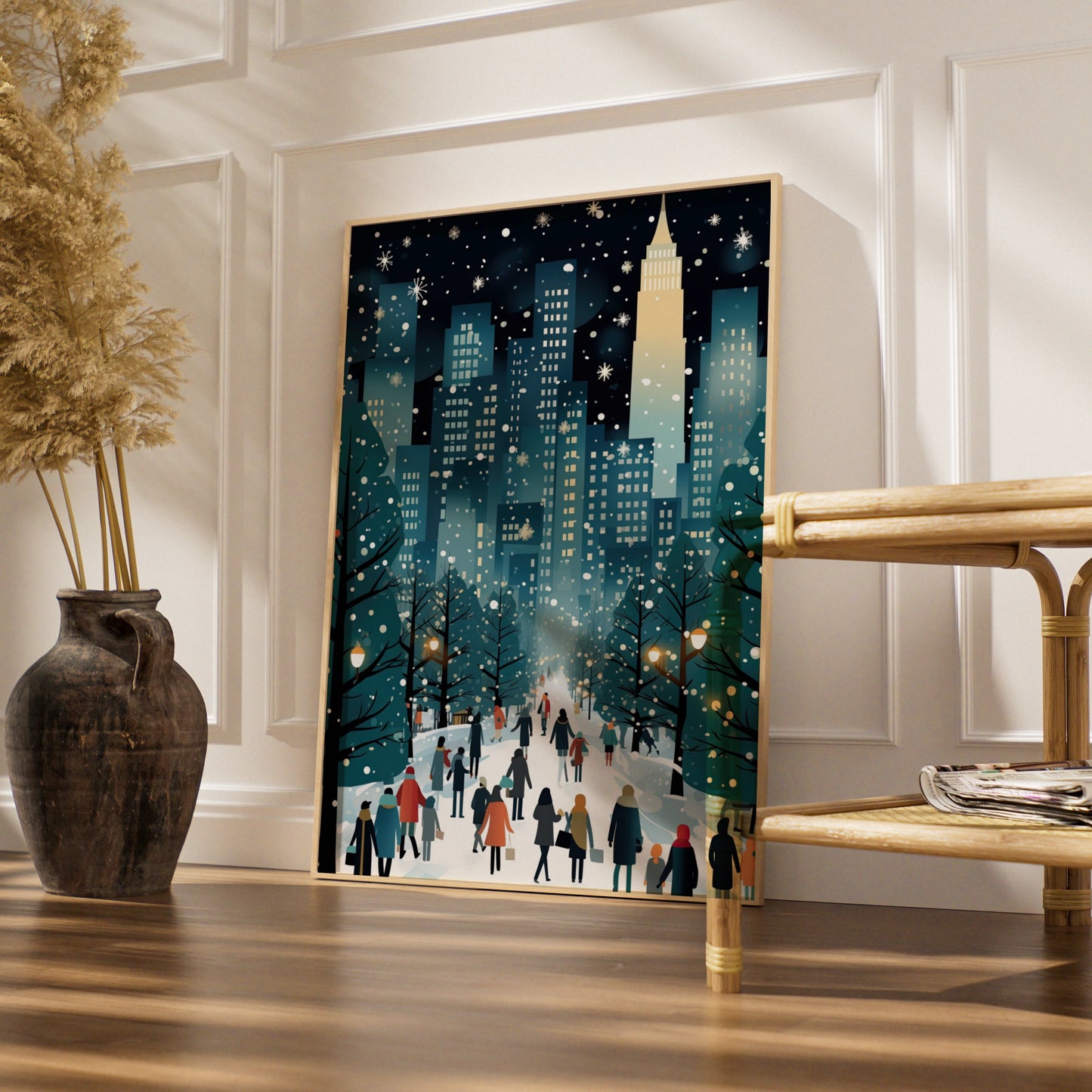 Christmas New York City Poster, Winter Snowy NYC Skyline Art, Festive Holiday Wall Decor Print