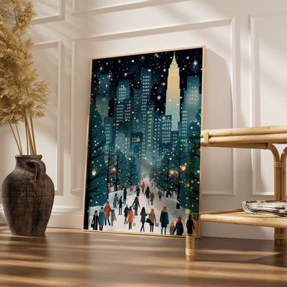 Christmas New York City Poster, Winter Snowy NYC Skyline Art, Festive Holiday Wall Decor Print