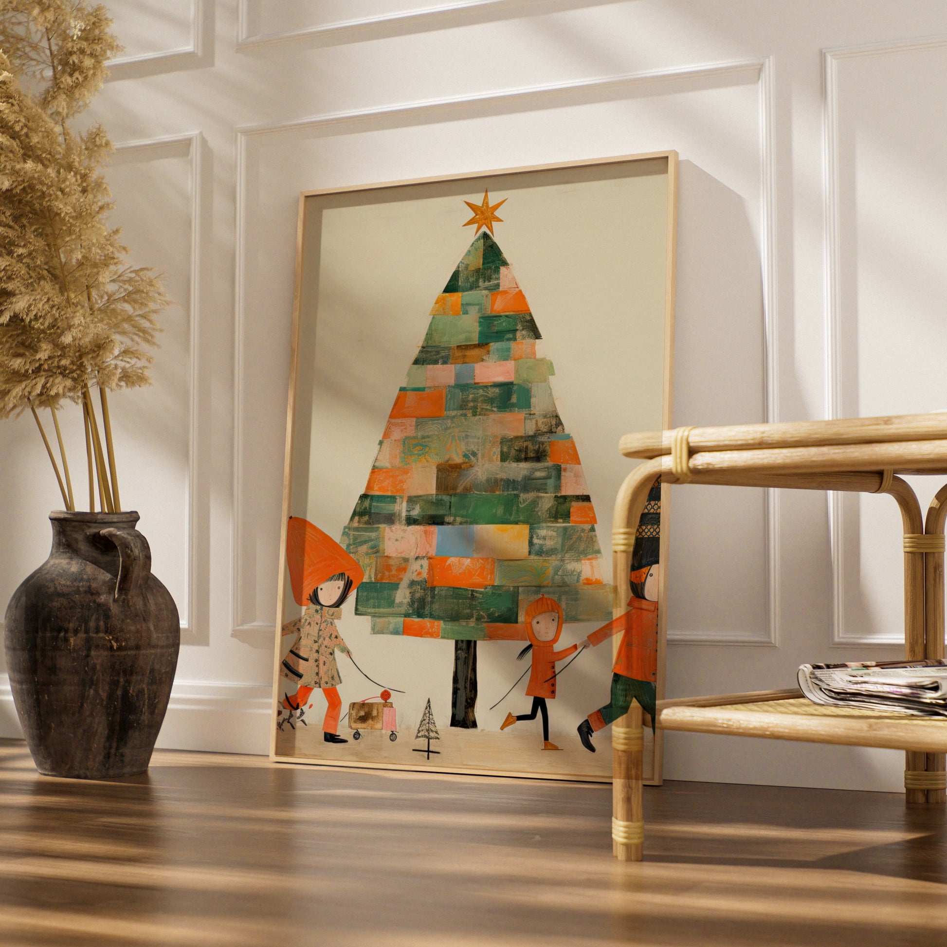 Christmas Tree Poster, Colourful Collage Kids Festive Wall Art, Retro Xmas Print