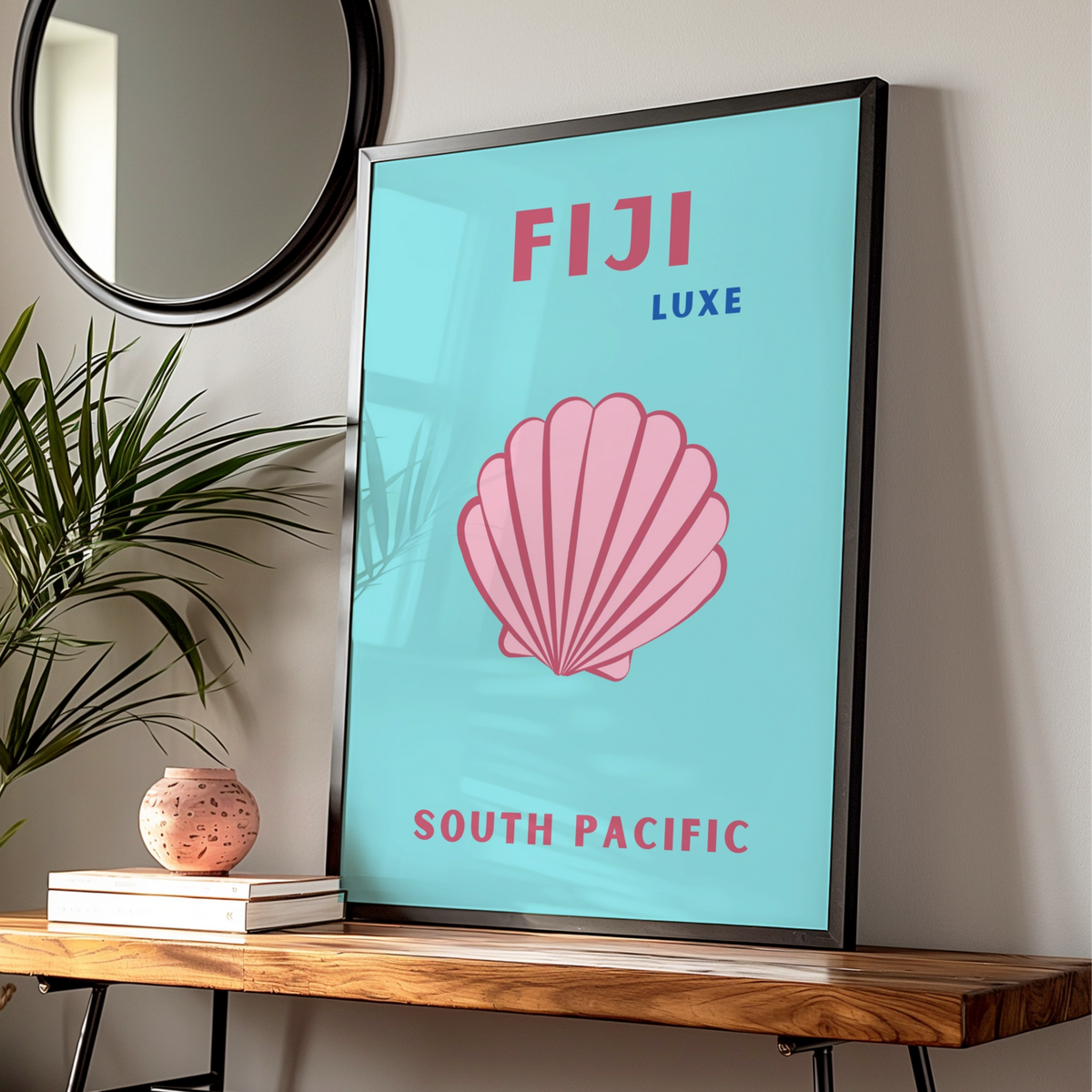 Fiji Travel Poster, South Pacific Wall Art, Retro Seashell Print, Teal Pink Beach Decor