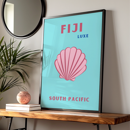 Fiji Travel Poster, South Pacific Wall Art, Retro Seashell Print, Teal Pink Beach Decor