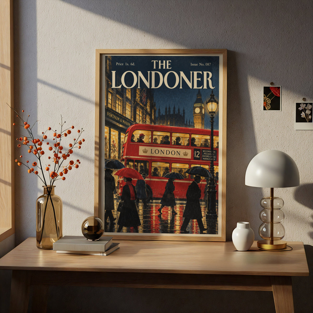 Vintage London Red Bus Poster, Big Ben Wall Art, Retro Magazine Cover Art Print, Rainy Night Scene