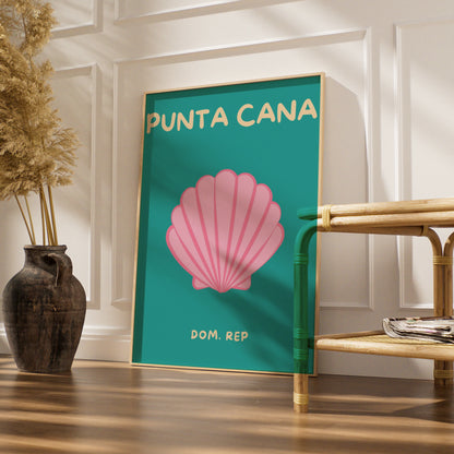Punta Cana Travel Poster, Dominican Republic Wall Art, Retro Beach Print, Teal Pink Seashell