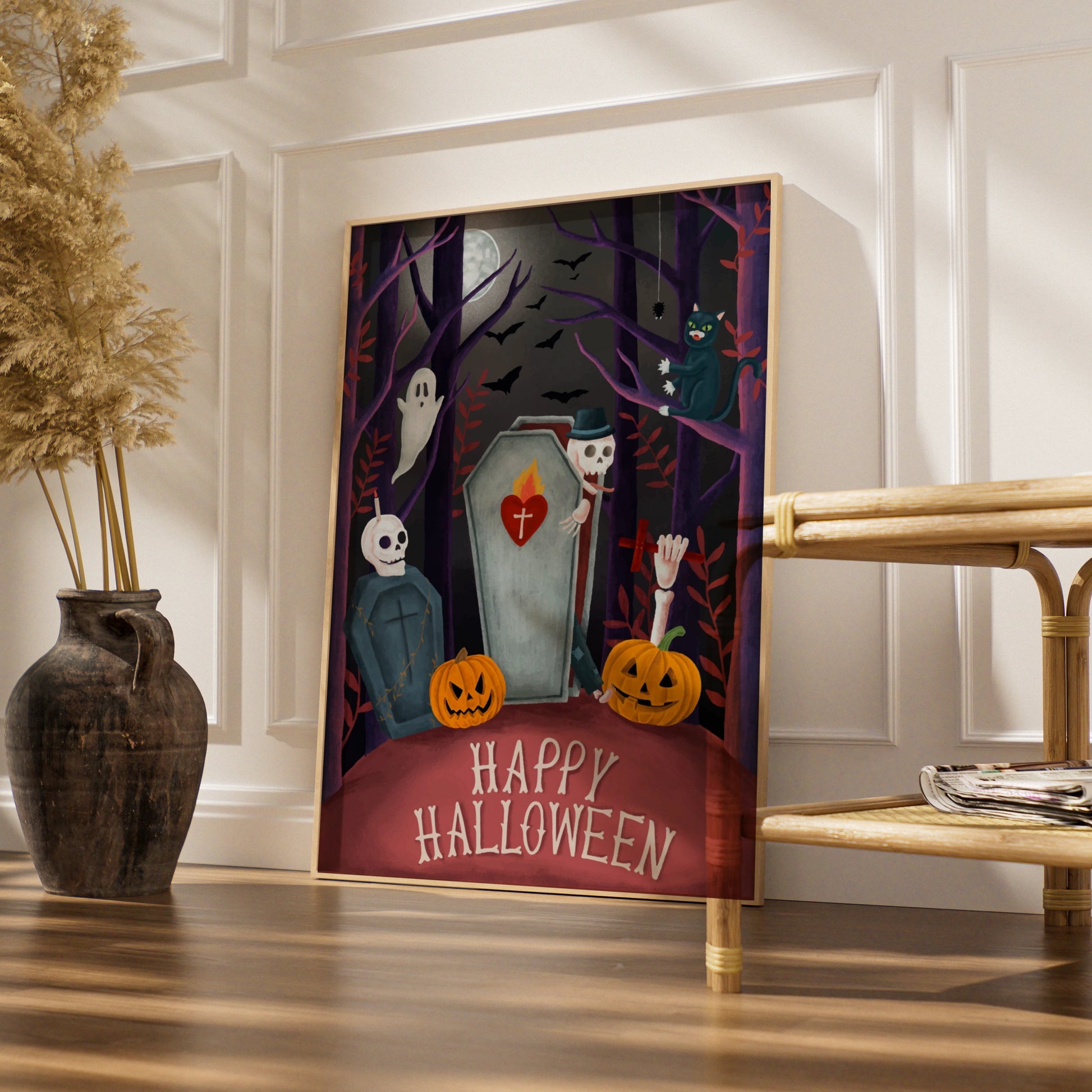 Happy Halloween Poster, Spooky Graveyard Wall Art, Ghost Skeleton Pumpkin Print, Gothic Decor