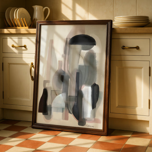 Modern Monochrome Abstract Art Print, Neutral Grey Black Shapes, Contemporary Wall Poster