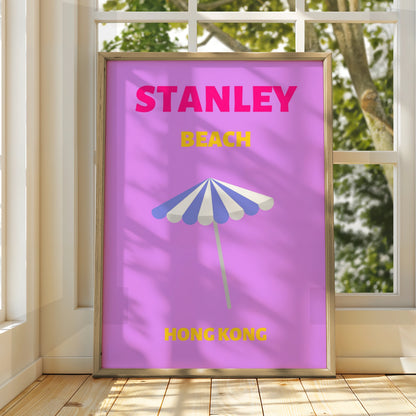 Stanley Beach Hong Kong Travel Poster, Retro Wall Art, Colourful Beach Print