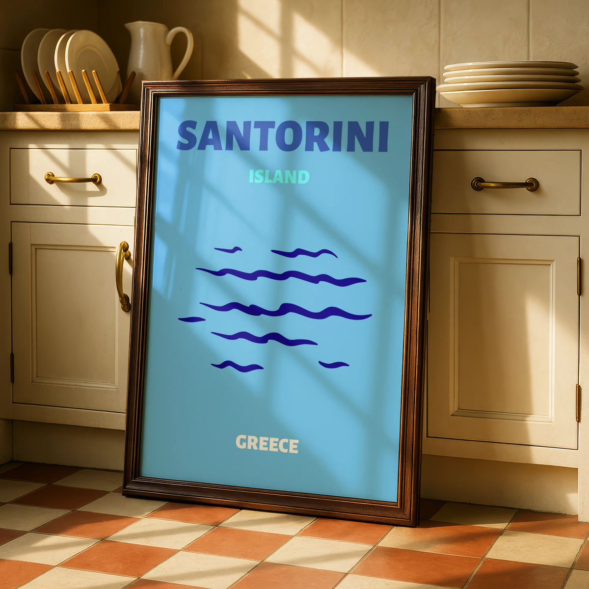 Santorini Island Greece Travel Poster, Greek Islands Wall Art, Retro Blue Print