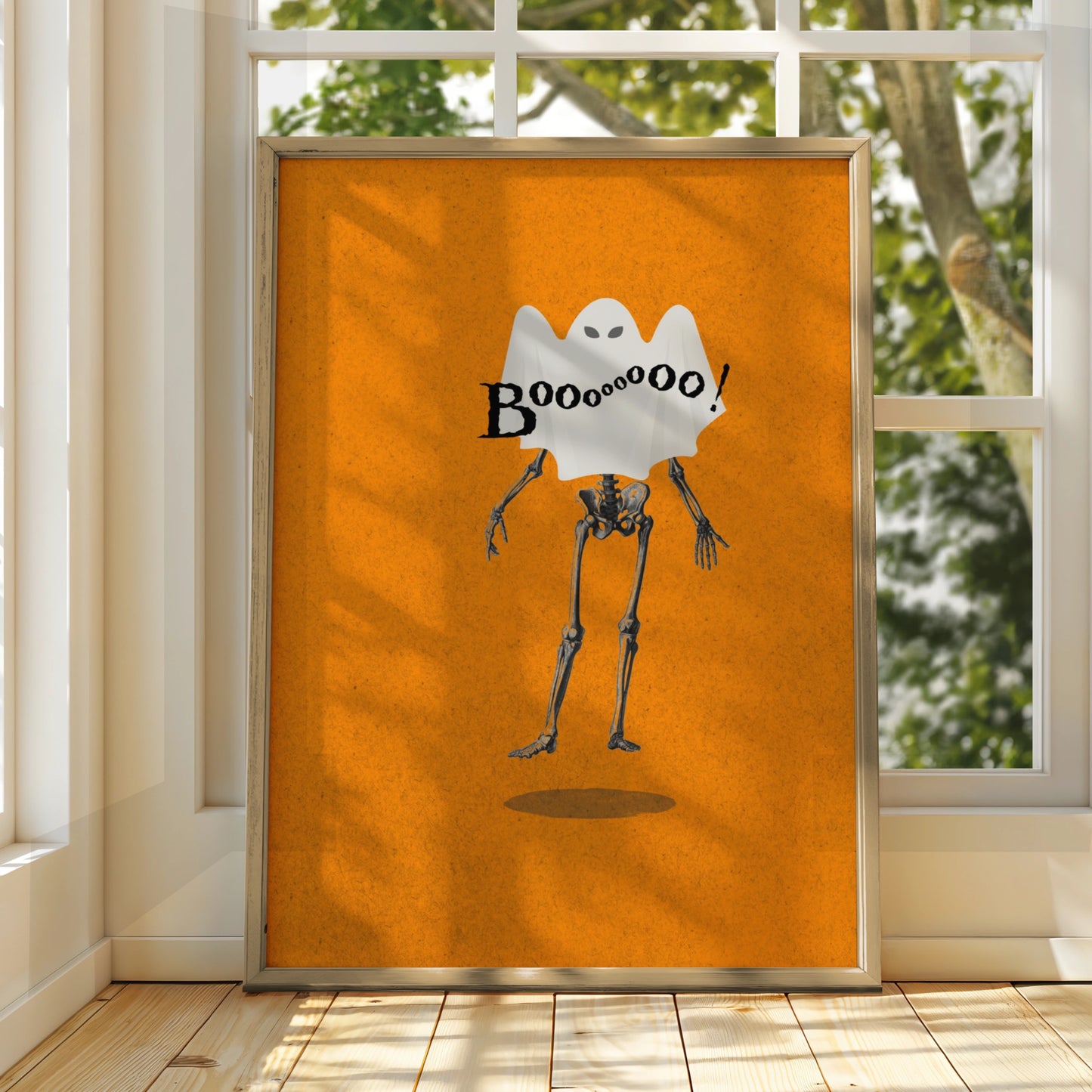 Halloween Ghost Skeleton Poster, Funny Boo Wall Art, Spooky Orange Halloween Print