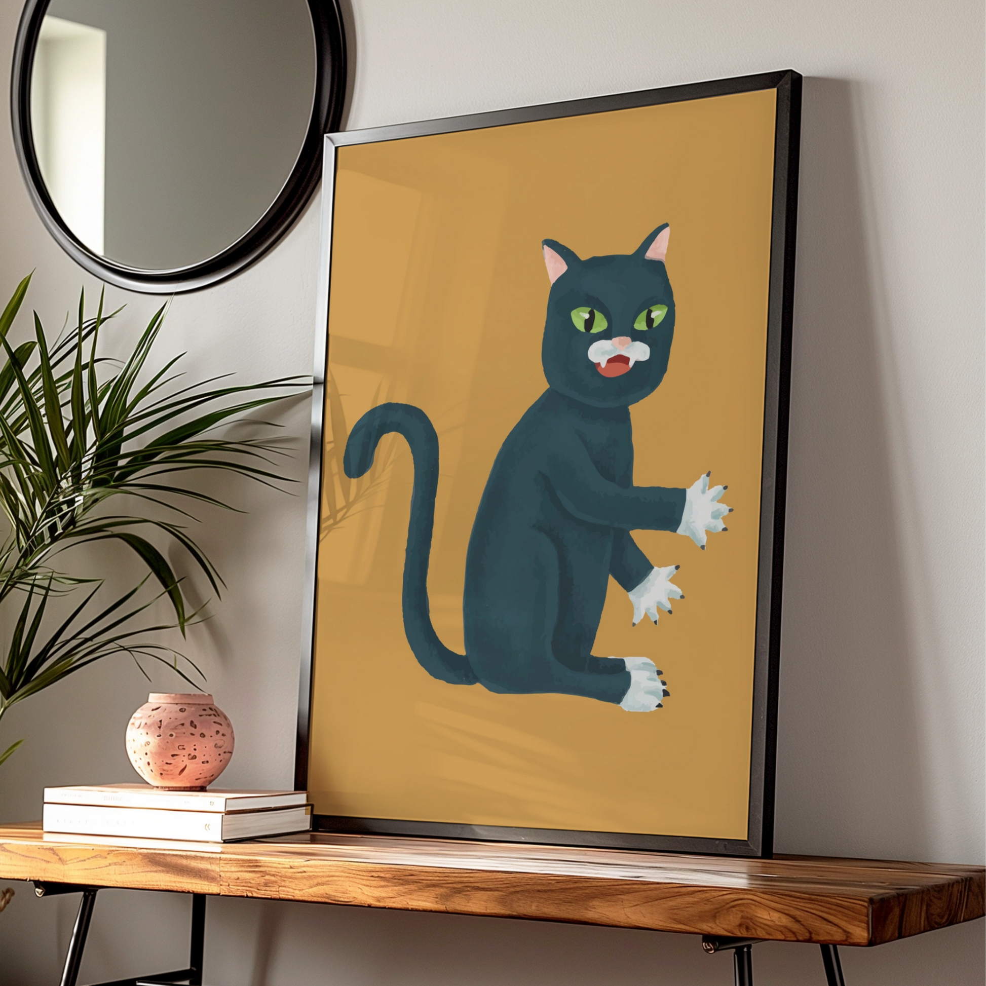 Halloween Black Cat Poster, Spooky Cat Wall Art, Witchy Cat Print, Mustard Orange Decor