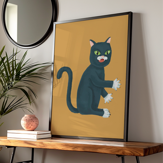 Halloween Black Cat Poster, Spooky Cat Wall Art, Witchy Cat Print, Mustard Orange Decor