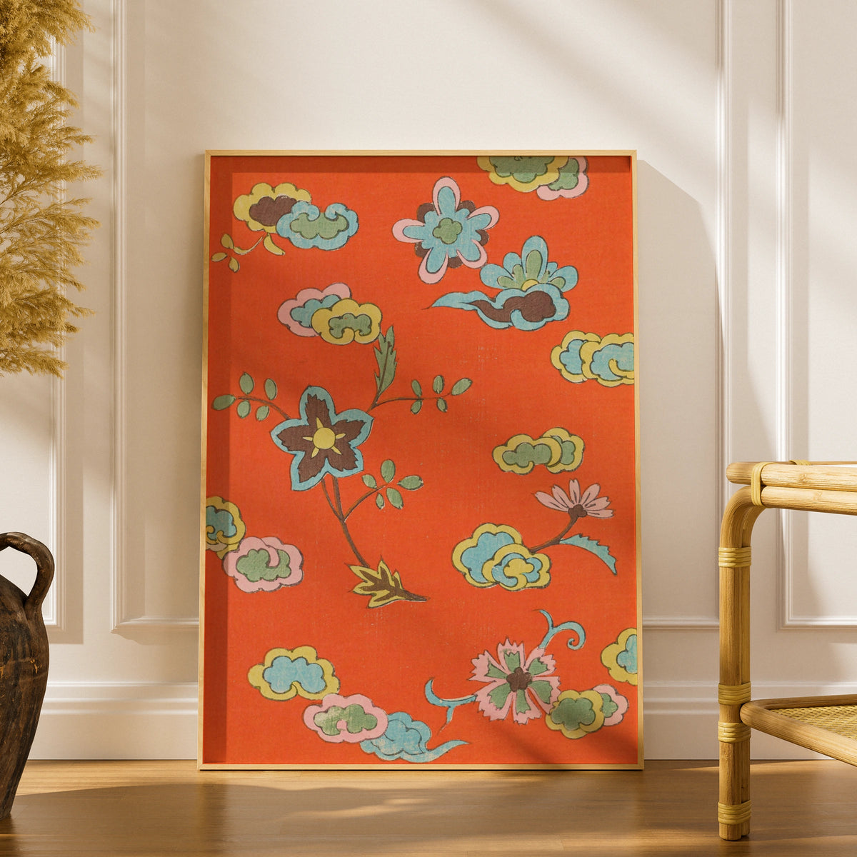 Vintage Japanese Botanical Print, Floral Woodblock Wall Art, Orange Japandi Poster – A5 print