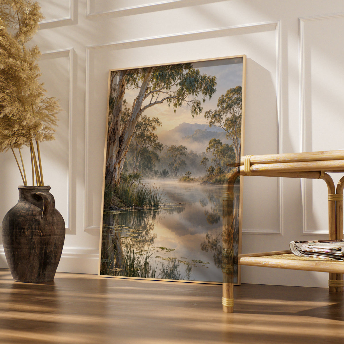 Australian Landscape Print, Misty River Gum Trees, Nature Wall Art, Eucalyptus Waterscape Poster