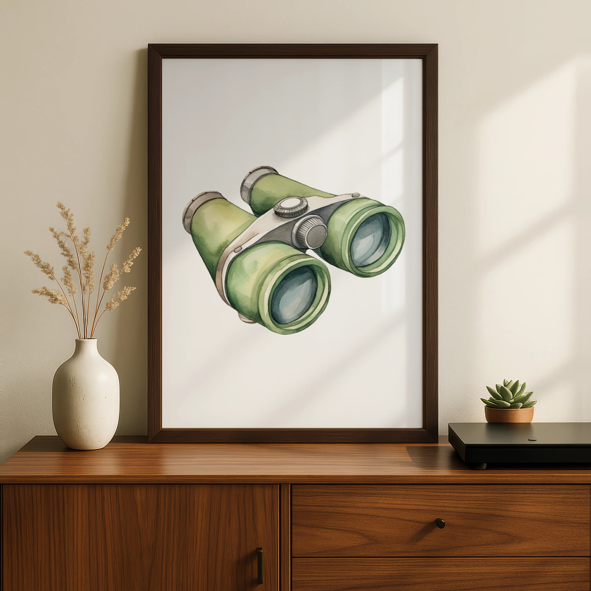 Binoculars Nursery Wall Art, Watercolour Adventure Print, Green Kids Room Poster