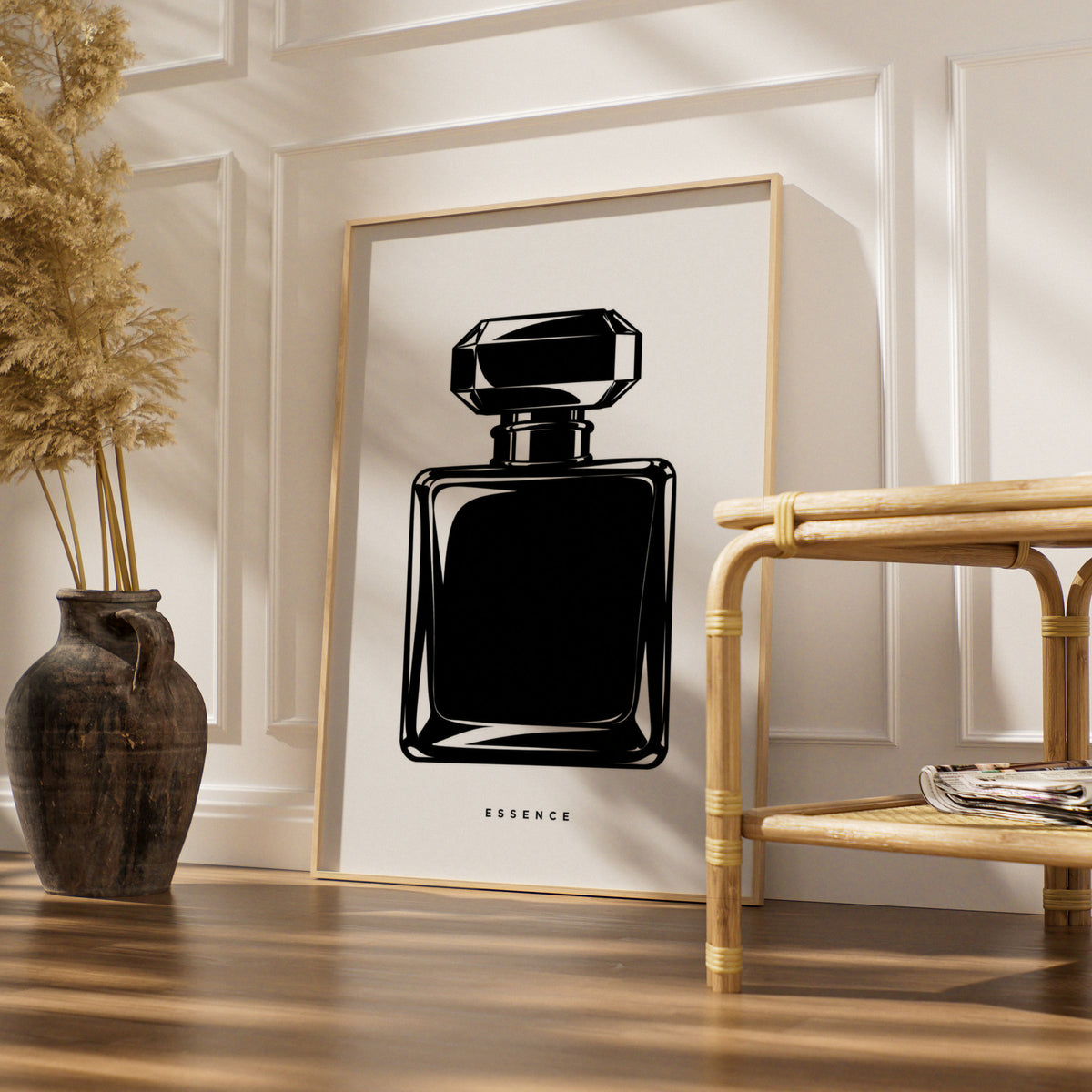 Perfume Bottle Print, Monochrome Wall Art, Minimalist Black White Poster, Essence Typography