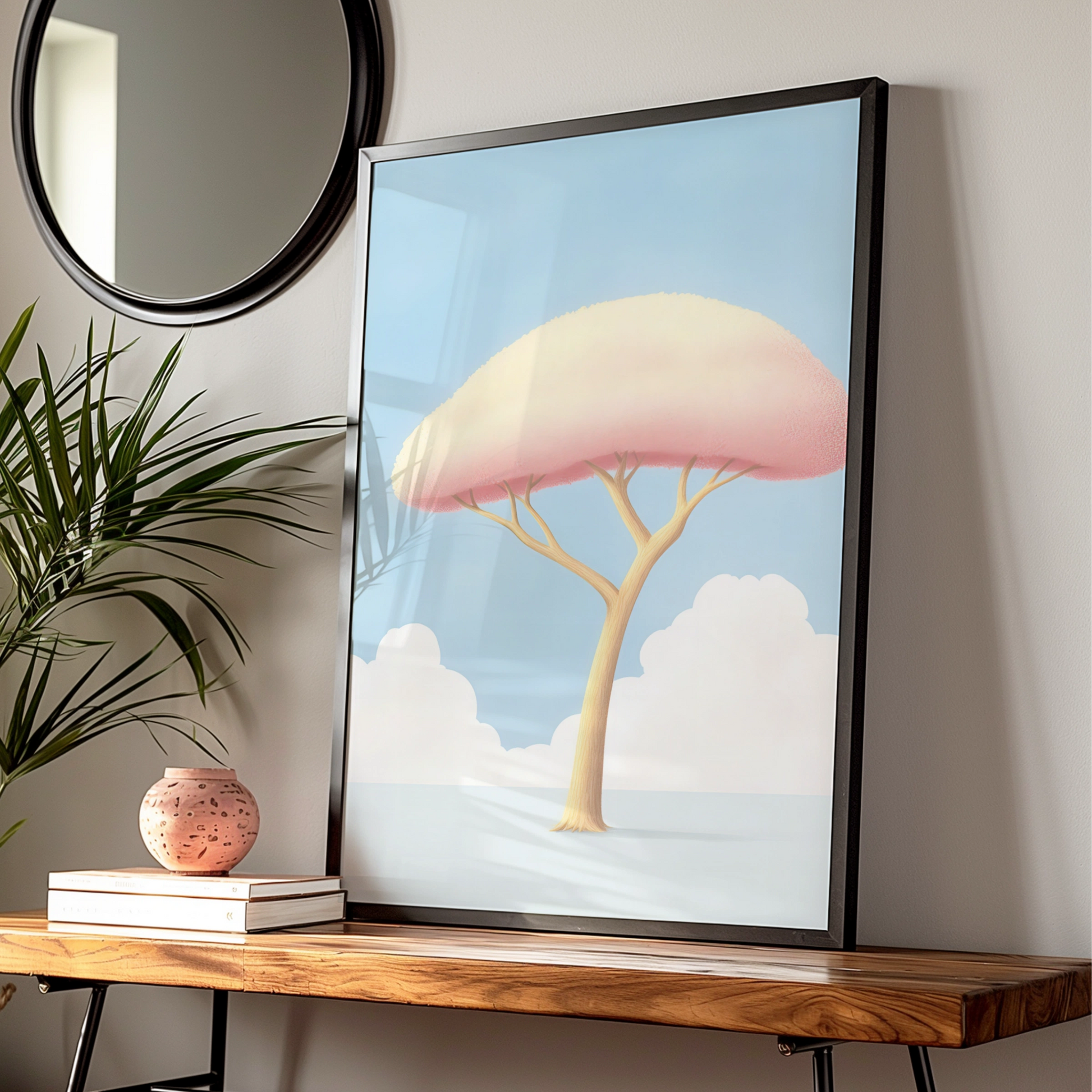 Nursery Tree Wall Art, Pink Pastel Baby Room Print, Minimalist Kids Poster, Blue Sky
