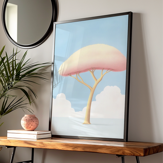Nursery Tree Wall Art, Pink Pastel Baby Room Print, Minimalist Kids Poster, Blue Sky