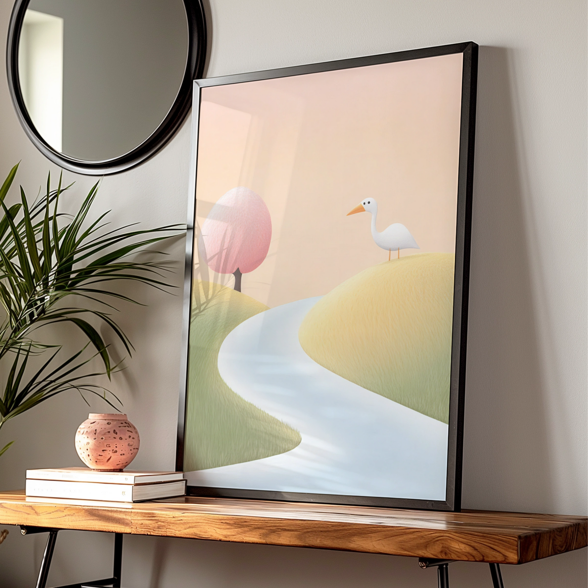 Nursery Wall Art White Bird Print, Pastel Landscape Poster, Baby Room Decor, Kids Room Art