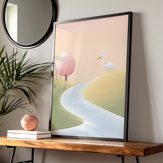 Nursery Wall Art White Bird Print, Pastel Landscape Poster, Baby Room Decor, Kids Room Art