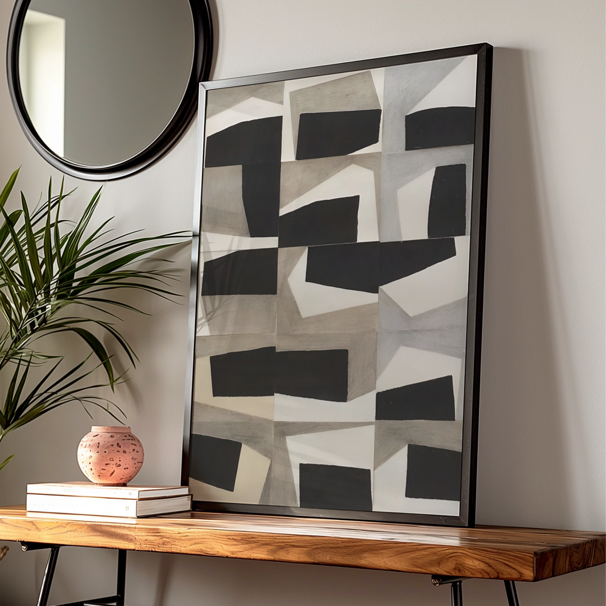 Geometric Abstract Monochrome Wall Art, Black Grey Modern Print, Contemporary Poster