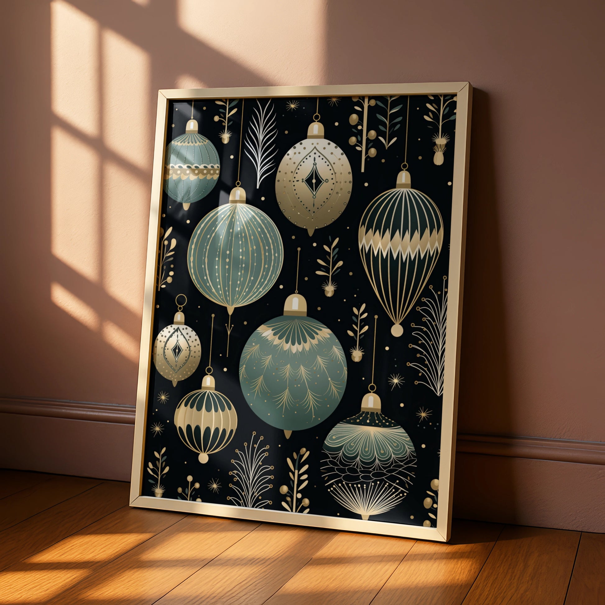 Christmas Baubles Poster, Art Deco Ornaments Wall Art, Teal Gold Black Festive Print