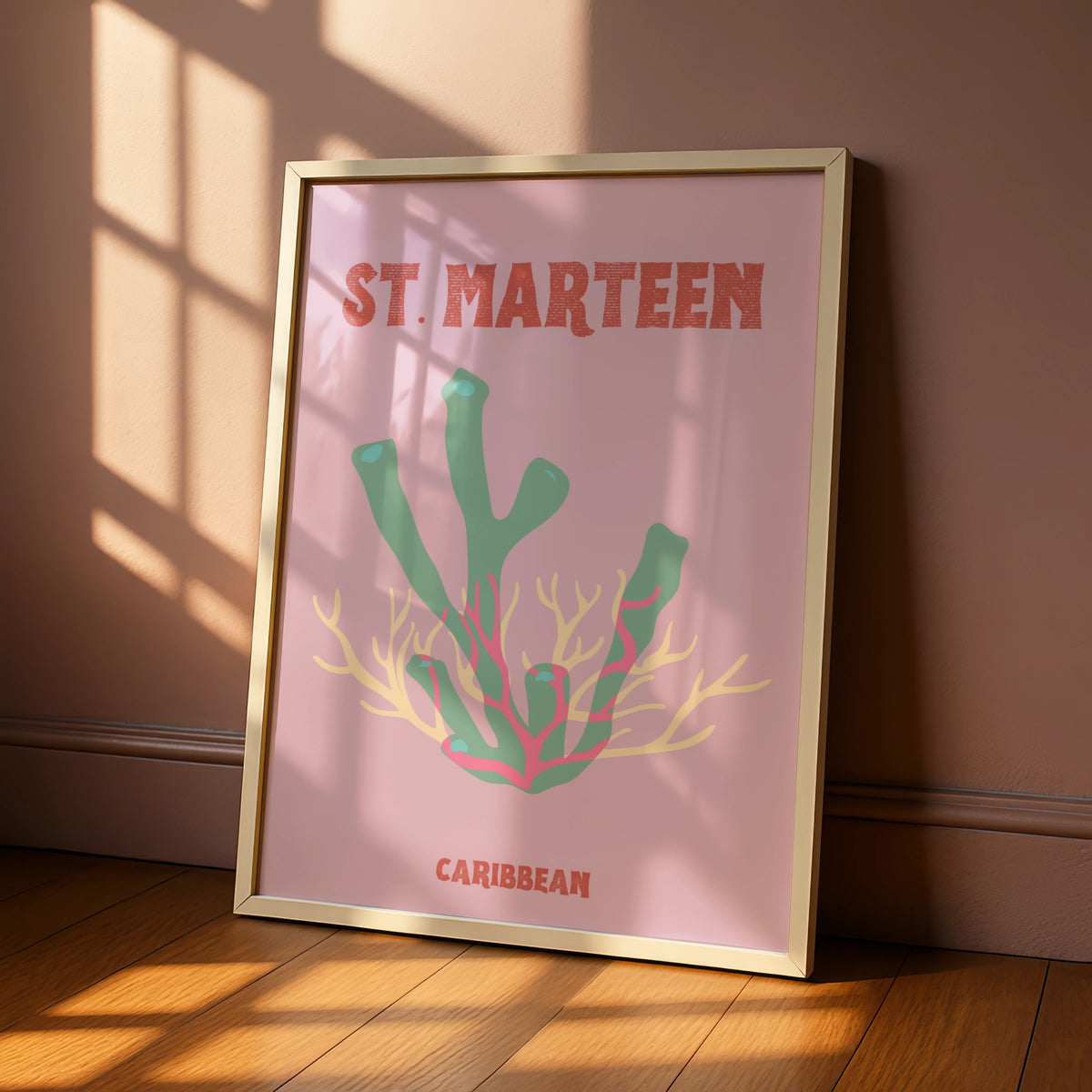 St Maarten Caribbean Travel Poster, Retro Coral Wall Art, Tropical Island Print