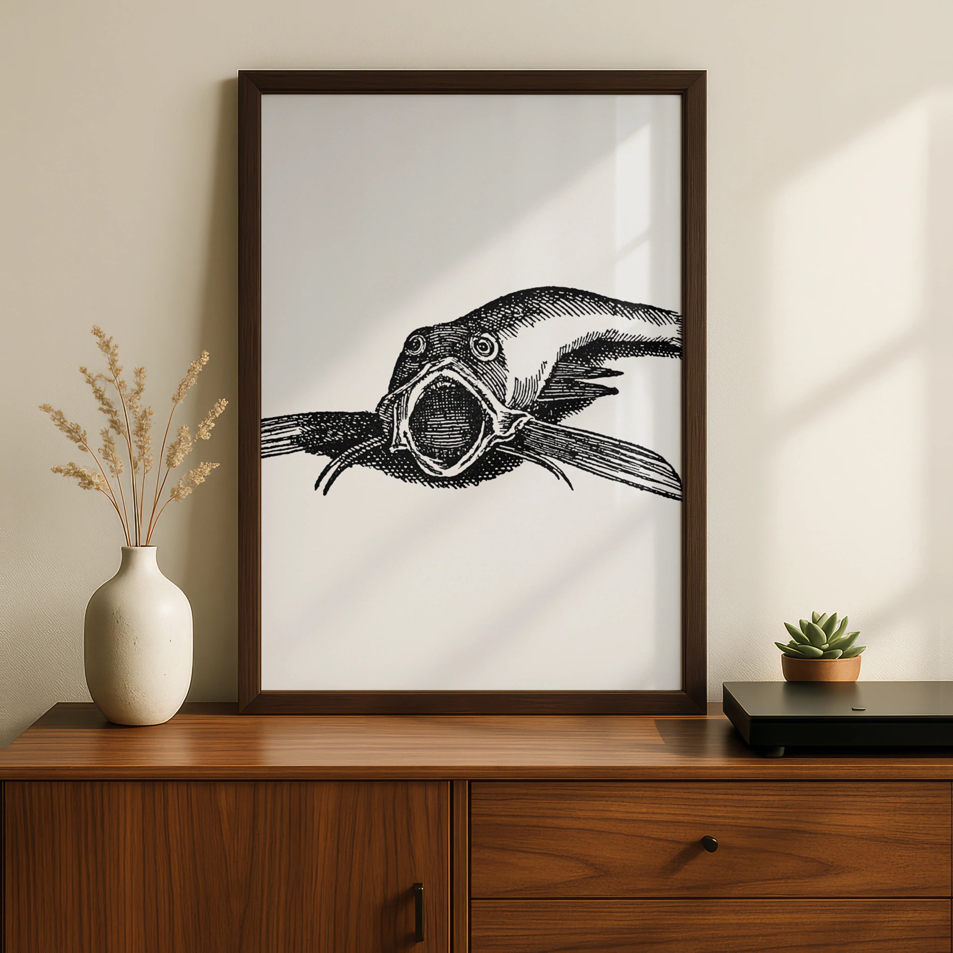 Vintage Catfish Engraving Art Print, Black White Gothic Fish Poster, Dark Halloween Wall Art