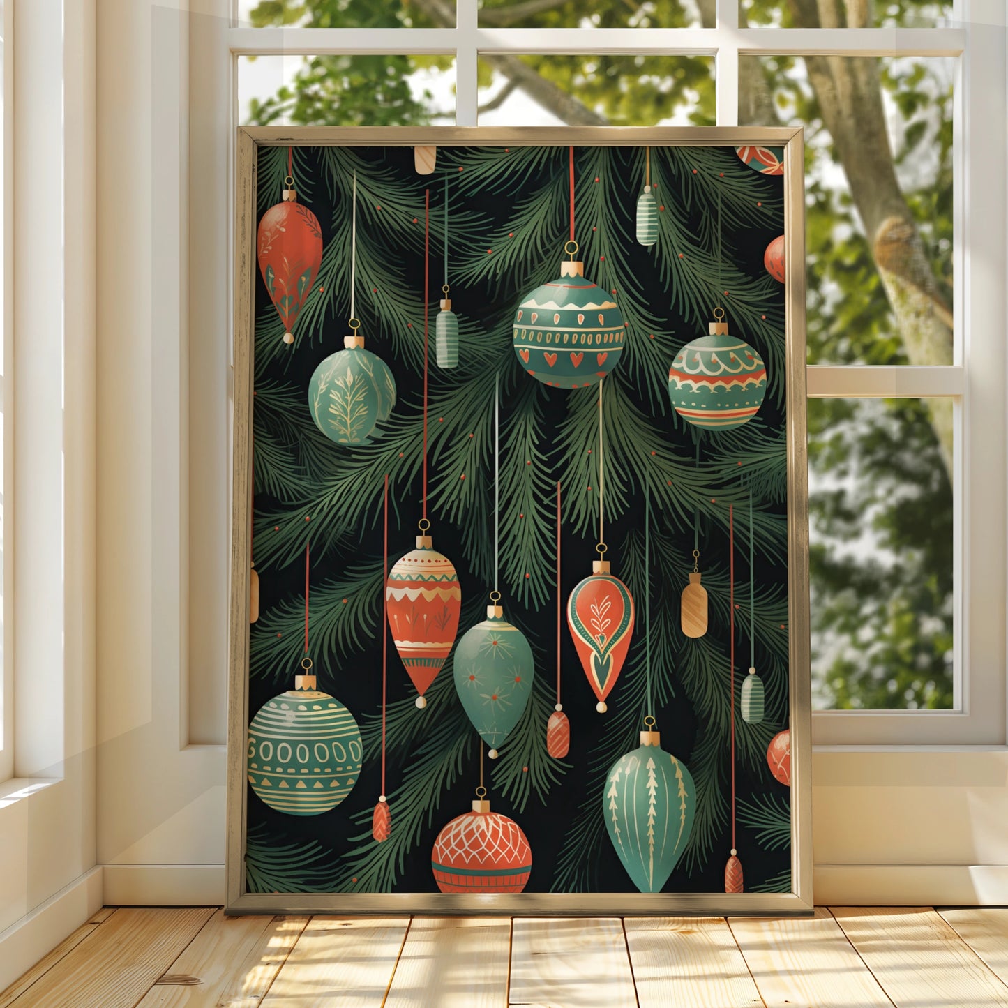 Christmas Baubles Poster, Festive Ornaments Wall Art, Retro Xmas Tree Print, Red Green