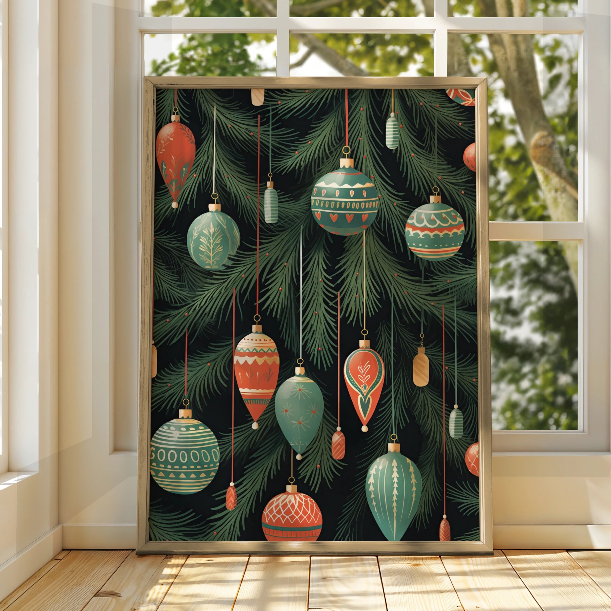 Christmas Baubles Poster, Festive Ornaments Wall Art, Retro Xmas Tree Print, Red Green