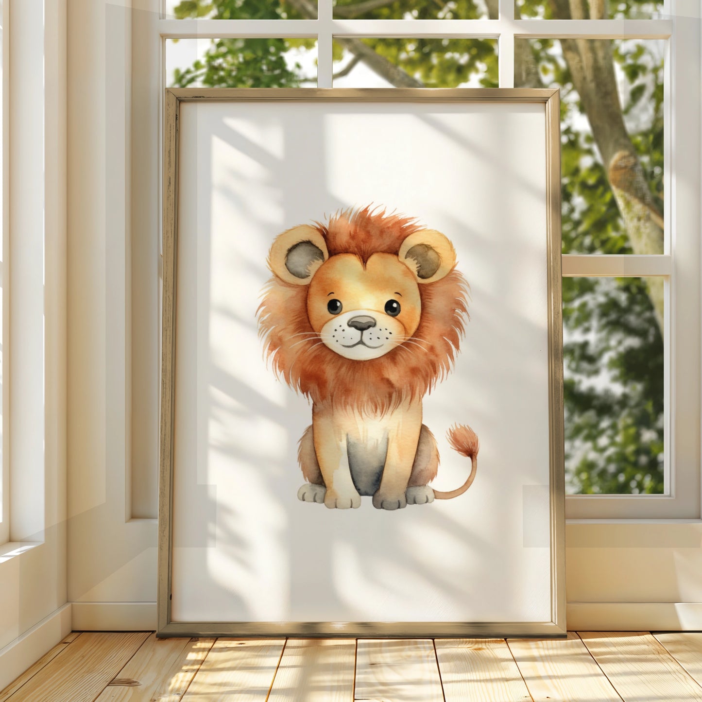Cute Lion Nursery Wall Art, Watercolour Safari Animal Print, Kids Room Poster