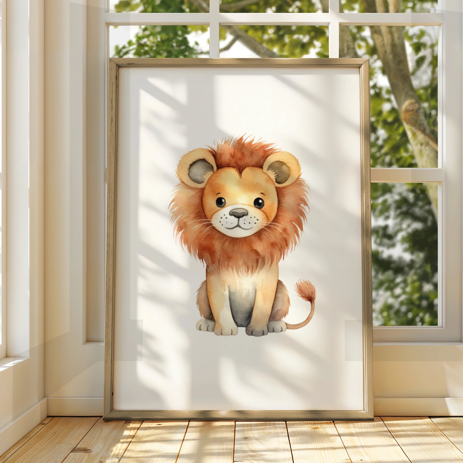 Cute Lion Nursery Wall Art, Watercolour Safari Animal Print, Kids Room Poster