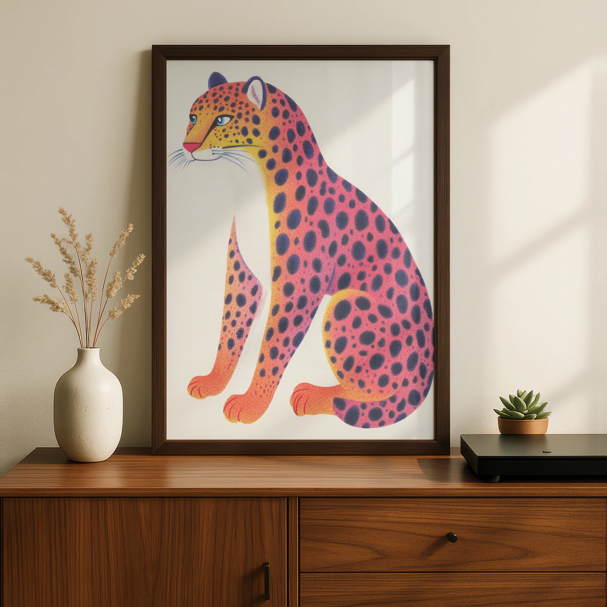 Colourful Leopard Nursery Wall Art, Kids Animal Print, Pink Orange Cheetah Poster