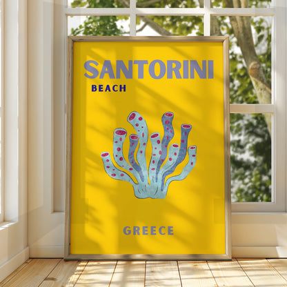 Santorini Beach Greece Travel Poster, Retro Greek Island Wall Art, Unique Coral Print
