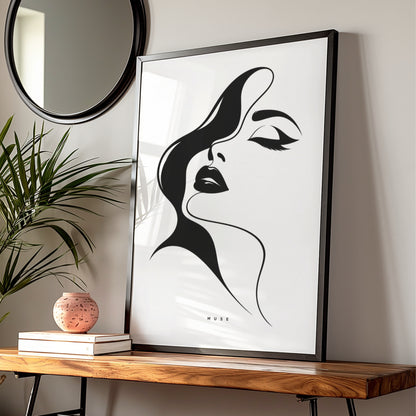 Muse Woman Face Line Art, Monochrome Wall Art, Minimalist Black and White Poster, Gallery Wall Print