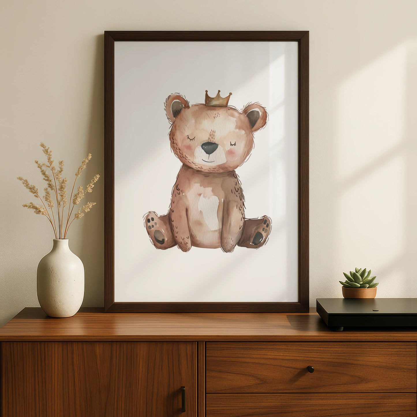 Nursery Wall Art Bear with Crown, Baby Bear Poster, Watercolour Kids Room Print