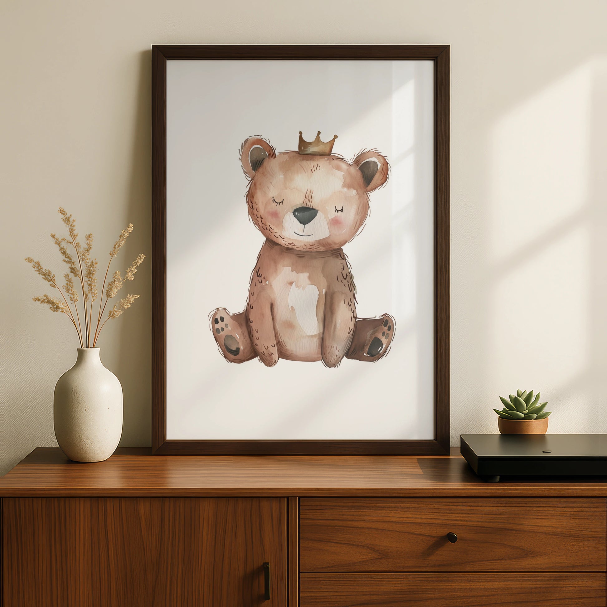 Nursery Wall Art Bear with Crown, Baby Bear Poster, Watercolour Kids Room Print