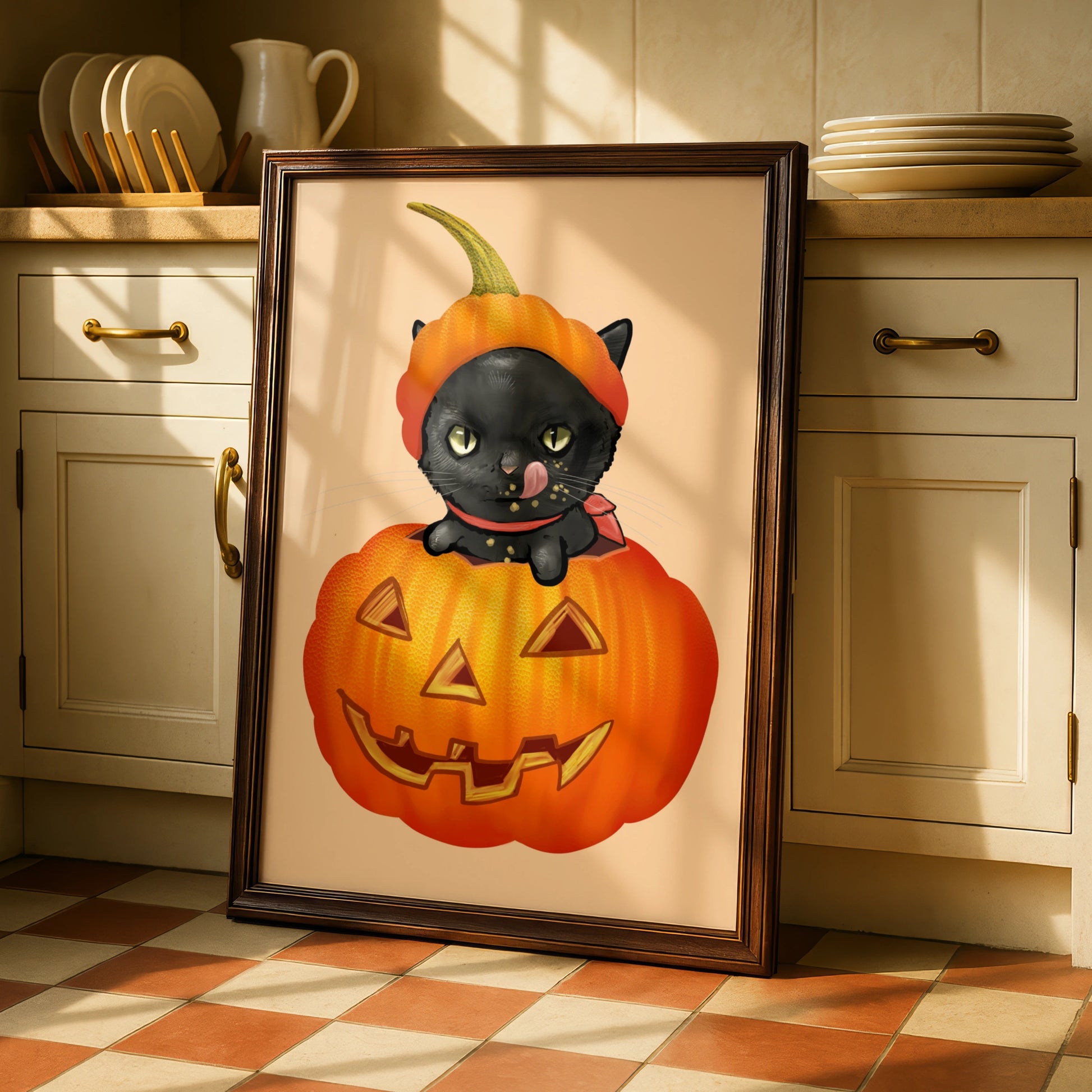 Halloween Black Cat Pumpkin Poster, Jack-o-Lantern Wall Art, Cute Spooky Cat Print