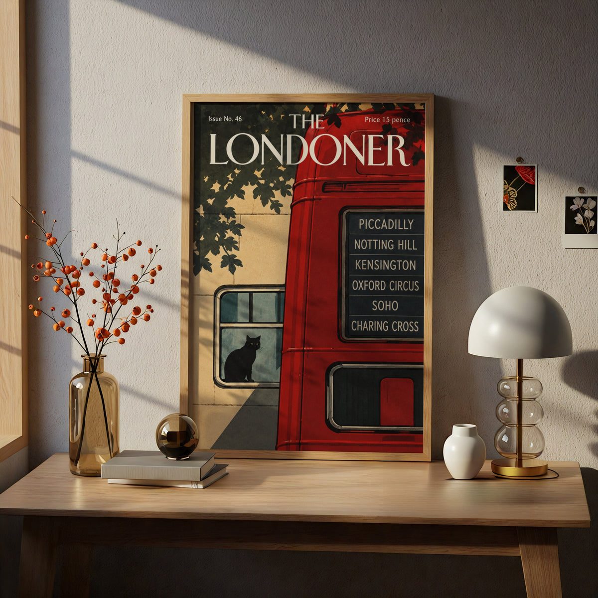 London Bus Poster, Black Cat Wall Art, Vintage Magazine Cover Art Print, Red Bus Piccadilly