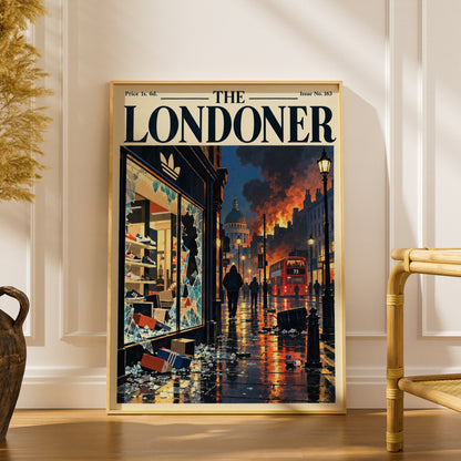 The Londoner Poster, London Street Riot Scene, Red Bus Night, Vintage Magazine Cover Wall Art Print