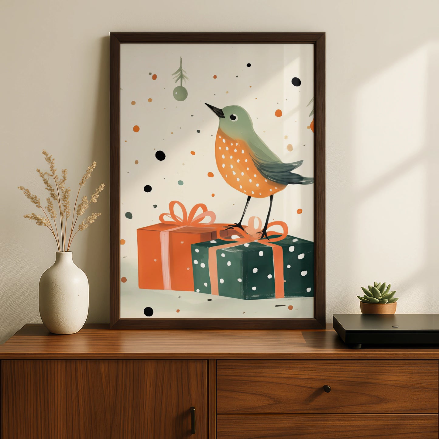 Christmas Robin Poster, Festive Bird Wall Art, Cute Xmas Gift Print, Green Orange Illustrated